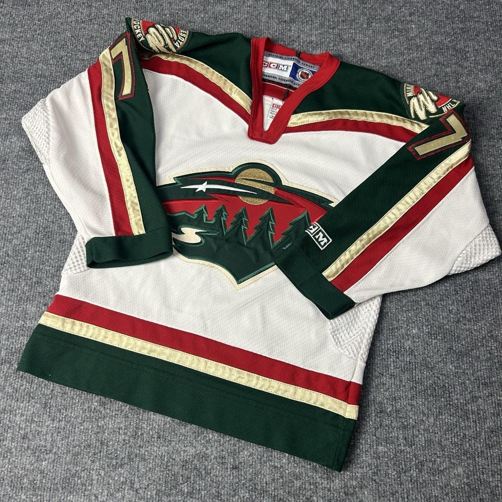 Vintage Minnesota Wild Hockey Jersey Boys S/M White NHL Hockey Sekeras 77 CCM